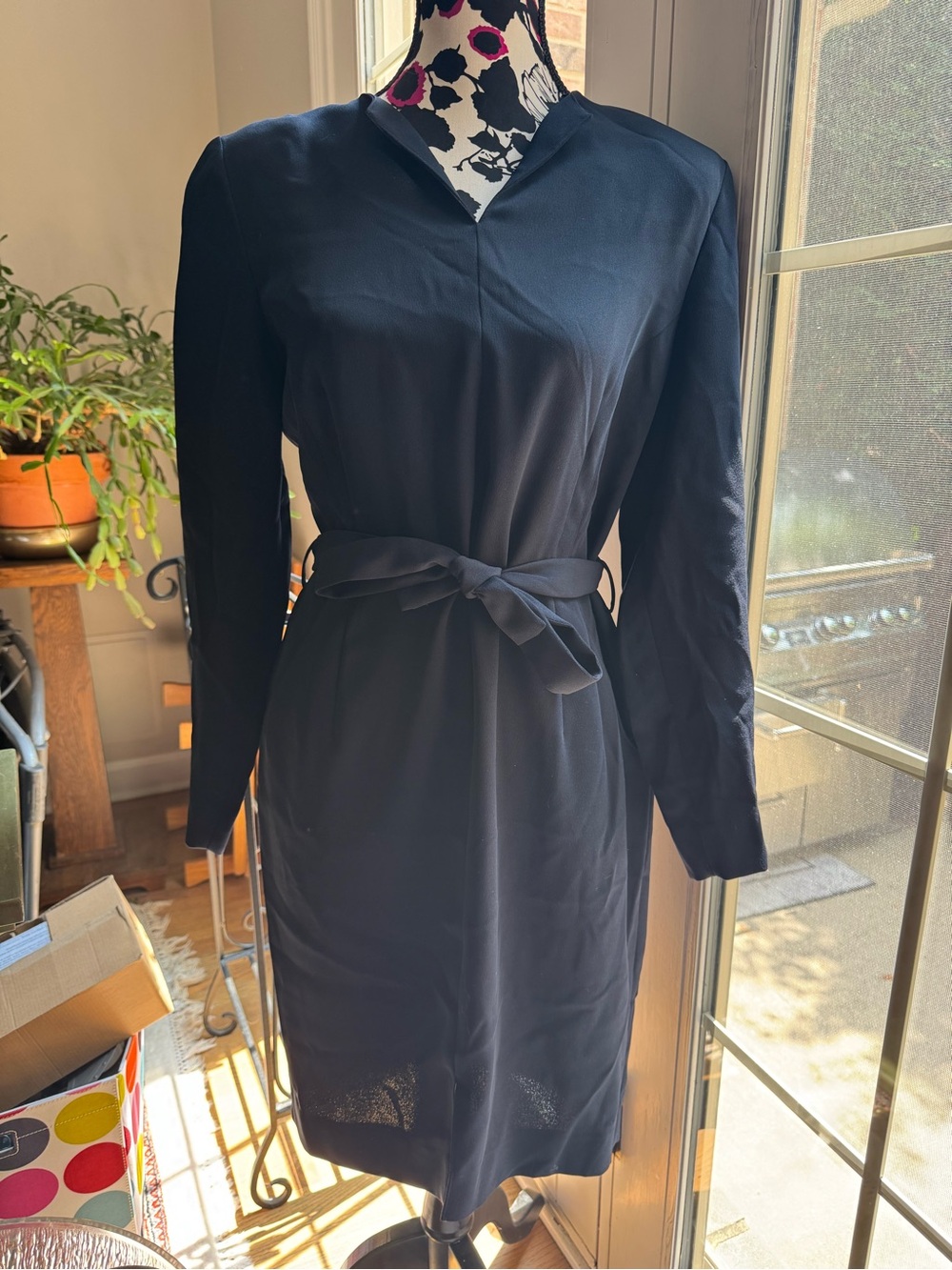 90s Jones New York Navy Long-Sleeve Tie-Waist Dress
